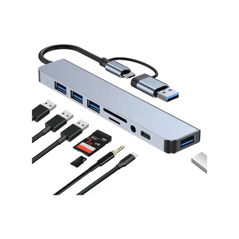 Концентратор Dynamode USB-C/A 8-in-1 1xUSB-C + 1xUSB 3.0 + 3xUSB 2.0 + 3.5mm audio + SD/TF silver (BYL-2218TU) - фото 2