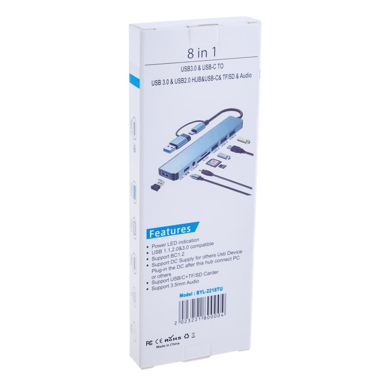 Концентратор Dynamode USB-C/A 8-in-1 1xUSB-C + 1xUSB 3.0 + 3xUSB 2.0 + 3.5mm audio + SD/TF silver (BYL-2218TU) - фото 4