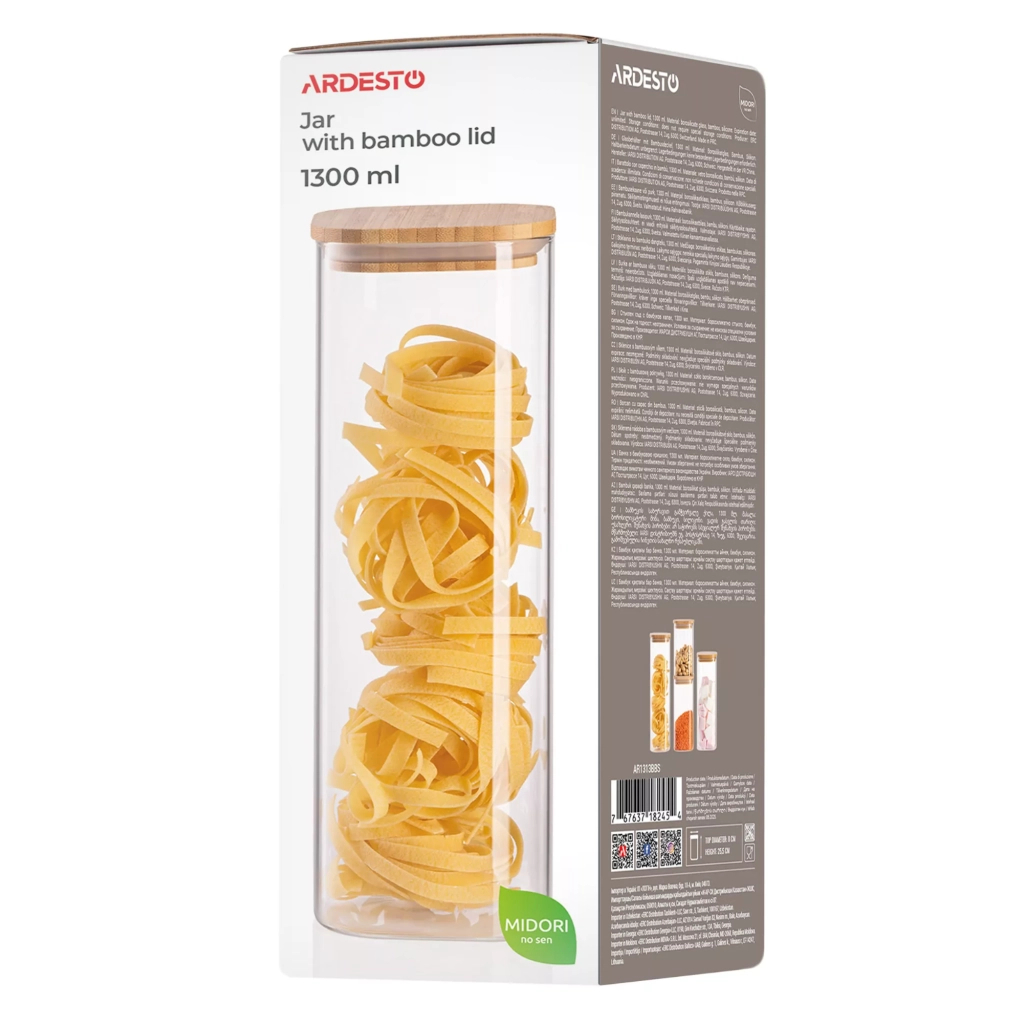 Ємність для сипучих продуктів Ardesto Midori 1300мл, скло, бамбук, квадратна, прозорий (AR1313BBS) - фото 4 Ємність для сипучих продуктів Ardesto Midori 1300мл, скло, бамбук, квадратна, прозорий (AR1313BBS) - фото 4