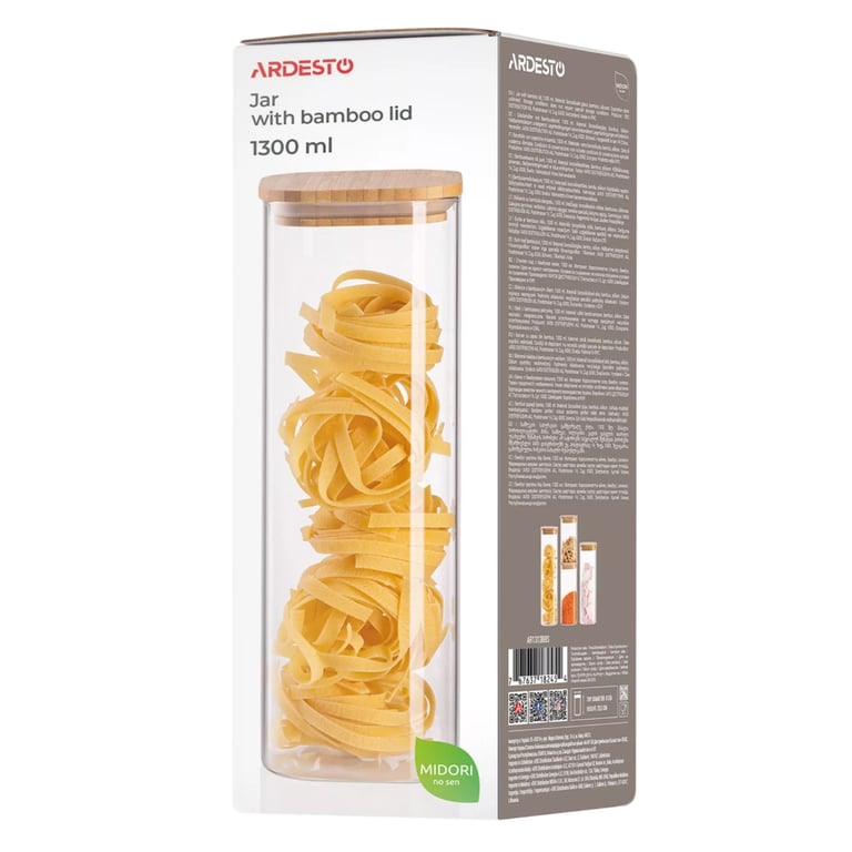 Ємність для сипучих продуктів Ardesto Midori 1300мл, скло, бамбук, квадратна, прозорий (AR1313BBS) - фото 4