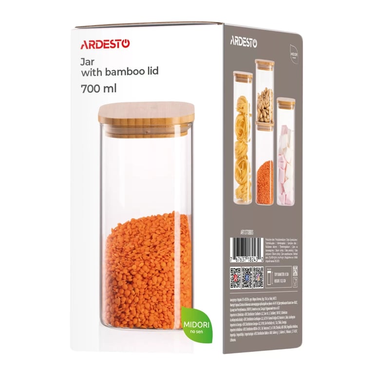 Ємність для сипучих продуктів ARDESTO Midori 700мл, скло, бамбук, квадратна, прозорий (AR1370BBS) - фото 4