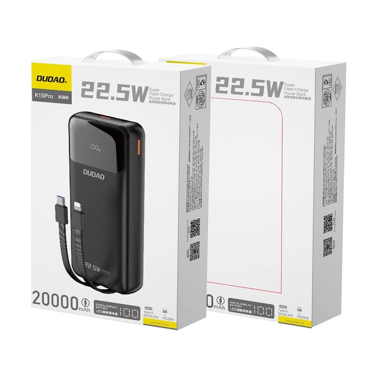 Батарея універсальна Dudao K15Pro 20000mAh PD/22.5W, QC, with built-in cables, Black (6977196682430) - фото 3