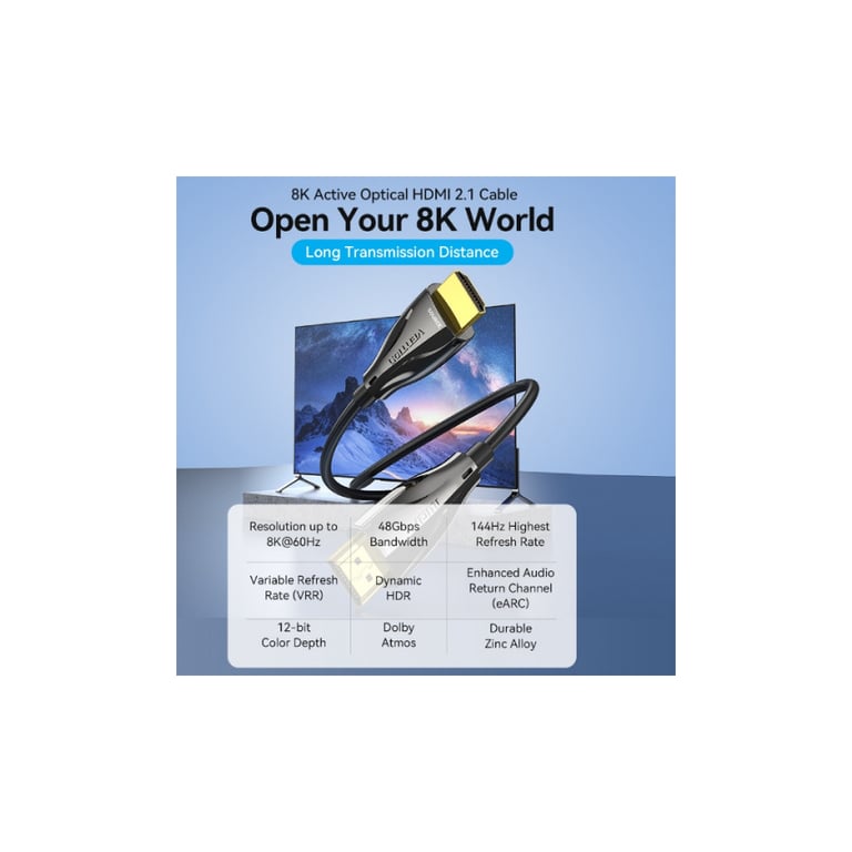 Кабель мультимедійний HDMI M to HDMI M 15.0m V2.1 Optical 8K 60Hz 48Gbps Dolby 7.1 black Vention (ALBBN) - фото 5