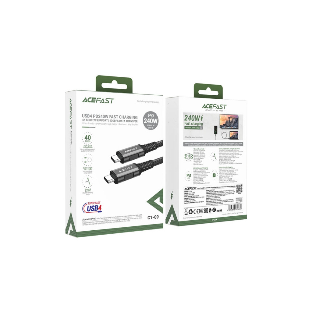 Дата кабель USB-C to USB-C 1.0m USB 4.0 240W audio/video black-grey Acefast (6974316282631) - фото 3 Дата кабель USB-C to USB-C 1.0m USB 4.0 240W audio/video black-grey Acefast (6974316282631) - фото 3