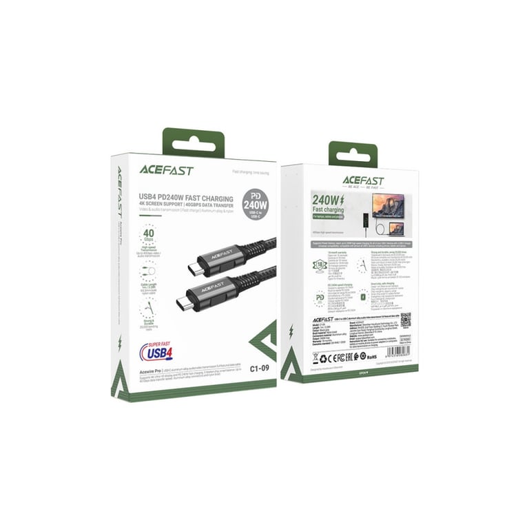 Дата кабель USB-C to USB-C 1.0m USB 4.0 240W audio/video black-grey Acefast (6974316282631) - фото 3