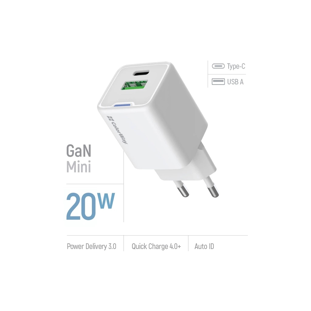 Зарядний пристрій ColorWay USB-C PD20W + 1xUSB QC4.0 white (CW-CHS062PD-WT) - фото 6 Зарядний пристрій ColorWay USB-C PD20W + 1xUSB QC4.0 white (CW-CHS062PD-WT) - фото 6