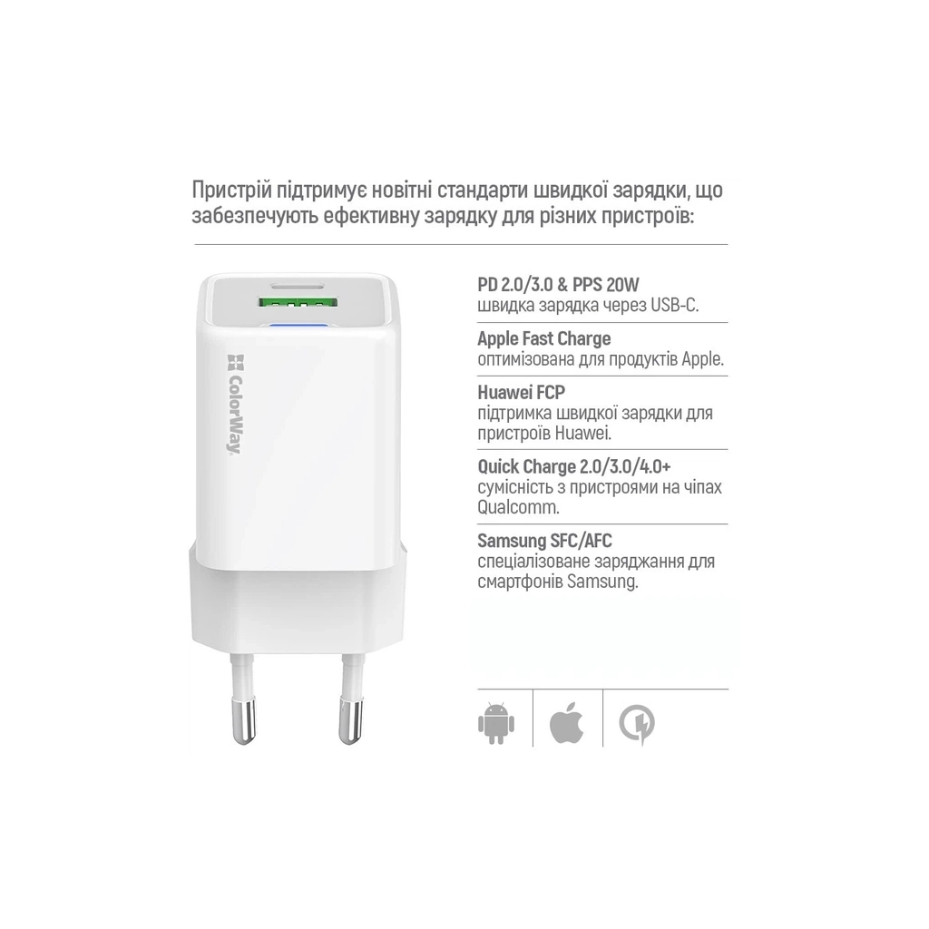 Зарядний пристрій ColorWay USB-C PD20W + 1xUSB QC4.0 white (CW-CHS062PD-WT) - фото 8 Зарядний пристрій ColorWay USB-C PD20W + 1xUSB QC4.0 white (CW-CHS062PD-WT) - фото 8