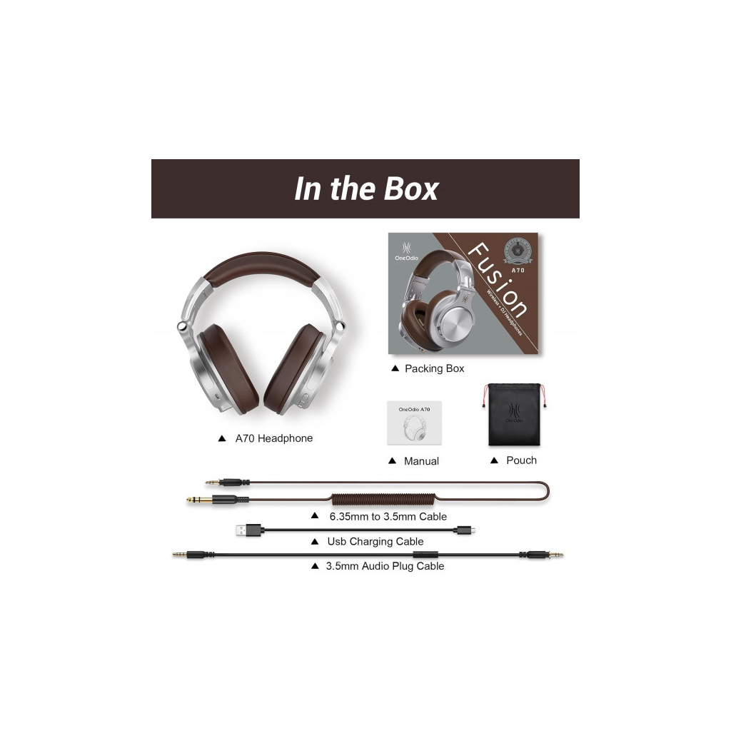 Навушники OneOdio Fusion A70 Bluetooth+3,5мм/6,35мм Silver/Brown (A70 Silver Brown) - фото 3 Навушники OneOdio Fusion A70 Bluetooth+3,5мм/6,35мм Silver/Brown (A70 Silver Brown) - фото 3