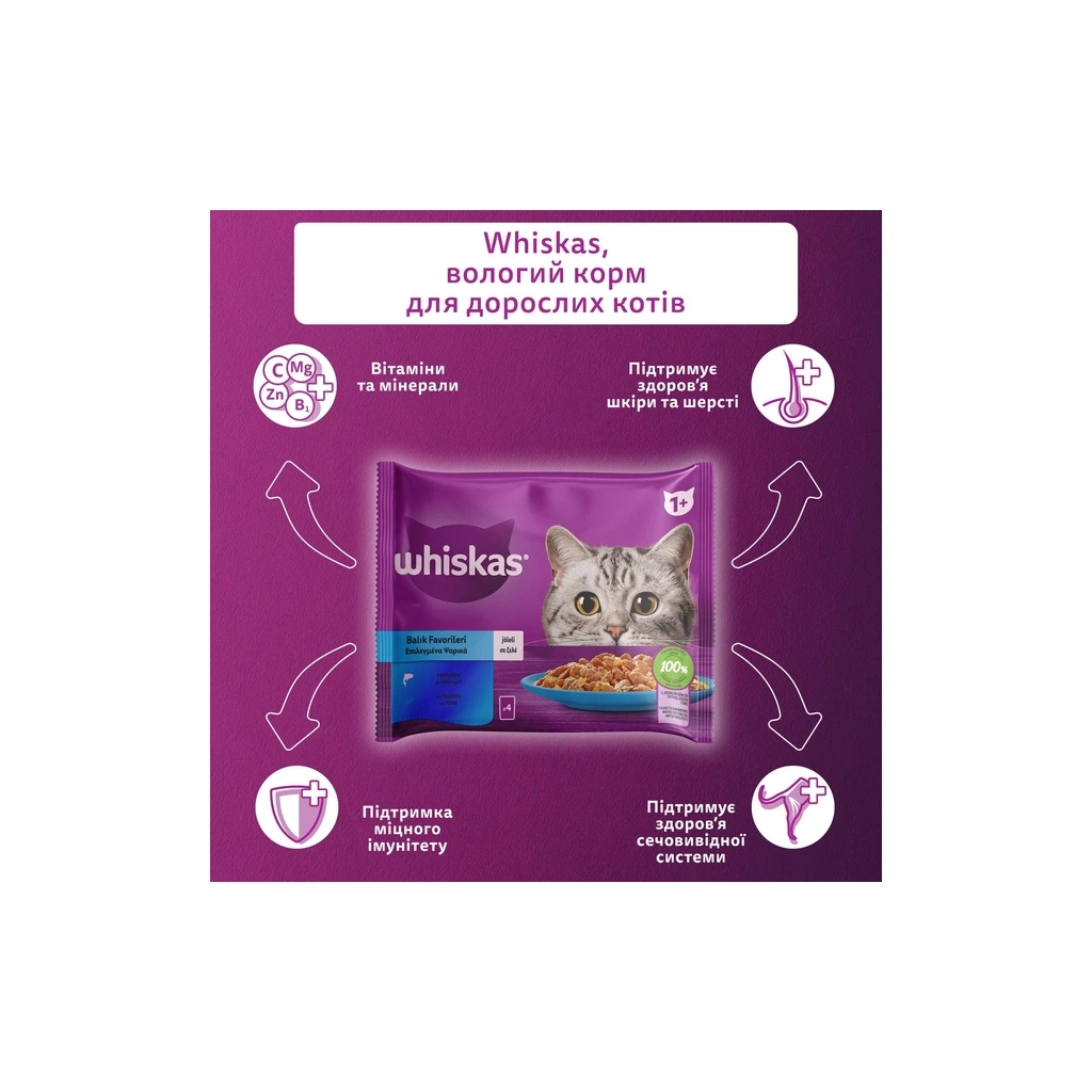 Вологий корм для кішок Whiskas тунець, лосось в желе 4х85 г (8410136025433) - фото 3 Вологий корм для кішок Whiskas тунець, лосось в желе 4х85 г (8410136025433) - фото 3