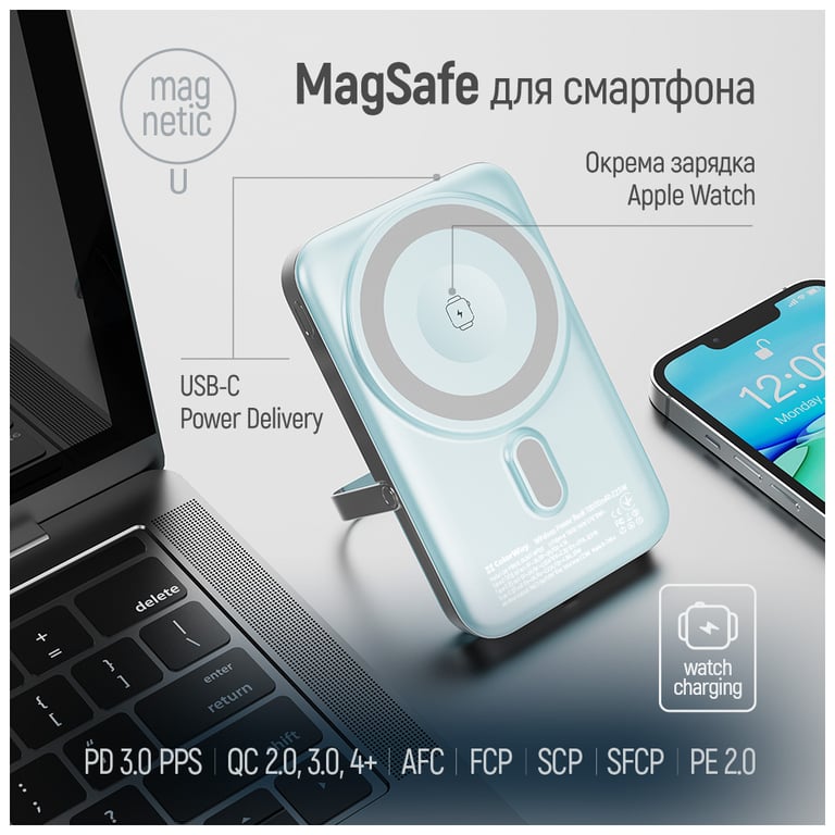 Батарея універсальна ColorWay 10 000 mAh PD/22.5W, 15W MagSafe & Watch Wireless Aquamarine (CW-PB100LPA2MT-WPDD) - фото 8