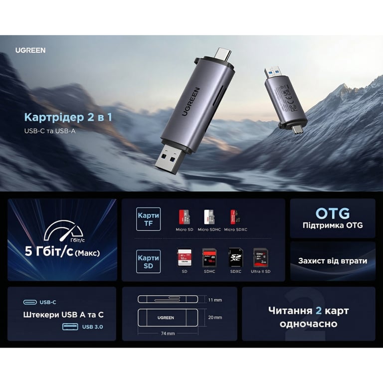 Зчитувач флеш-карт Ugreen USB-C + USB to TF/SD 3.0 CM185 gray (50706) - фото 3