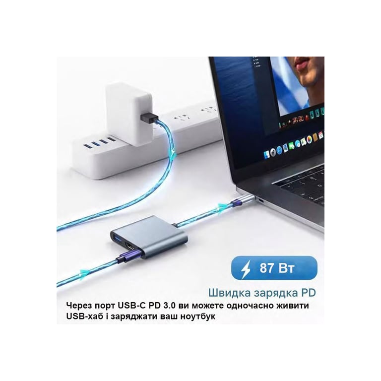 Концентратор Dynamode USB-C 3-in-1 1xHDMI 4K + 1xUSB 3.0 + 1xUSB-C PD 87W (Multiport USB-C 3-in-1 dark grey) - фото 4