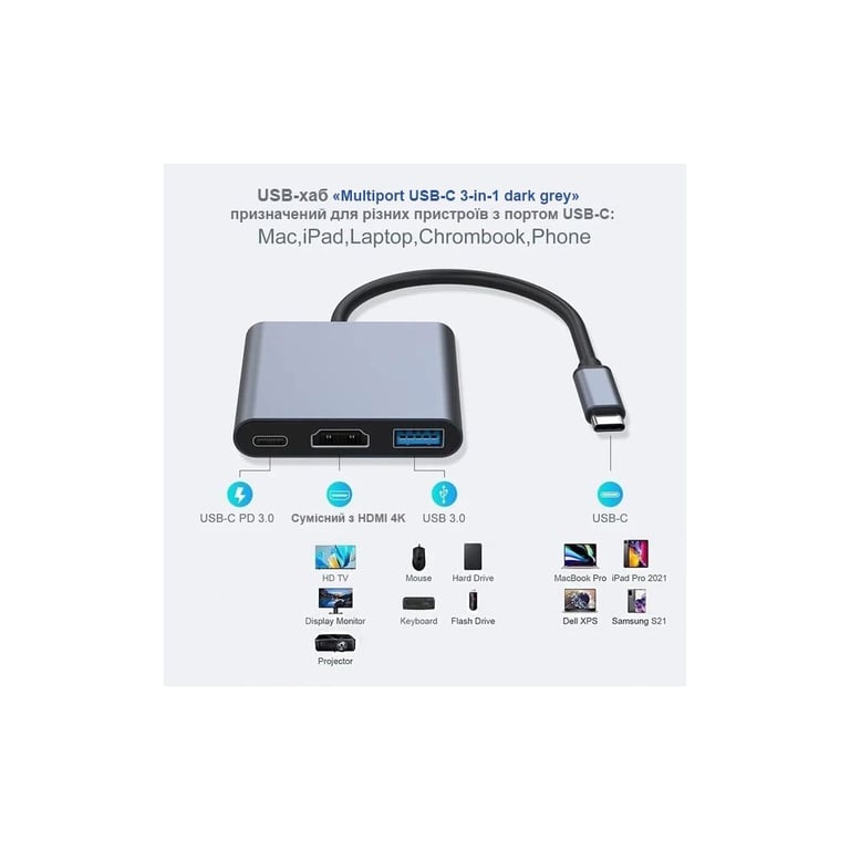 Концентратор Dynamode USB-C 3-in-1 1xHDMI 4K + 1xUSB 3.0 + 1xUSB-C PD 87W (Multiport USB-C 3-in-1 dark grey) - фото 7