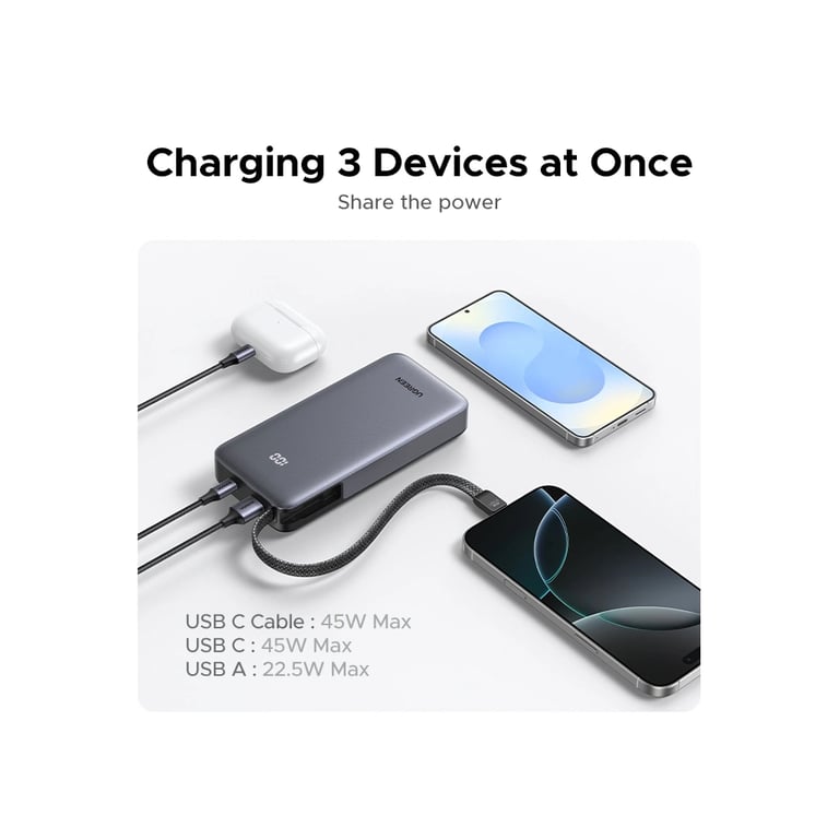 Батарея універсальна Ugreen 20000mAh 45W with Built-in Cable (PB536 55988B) - фото 9