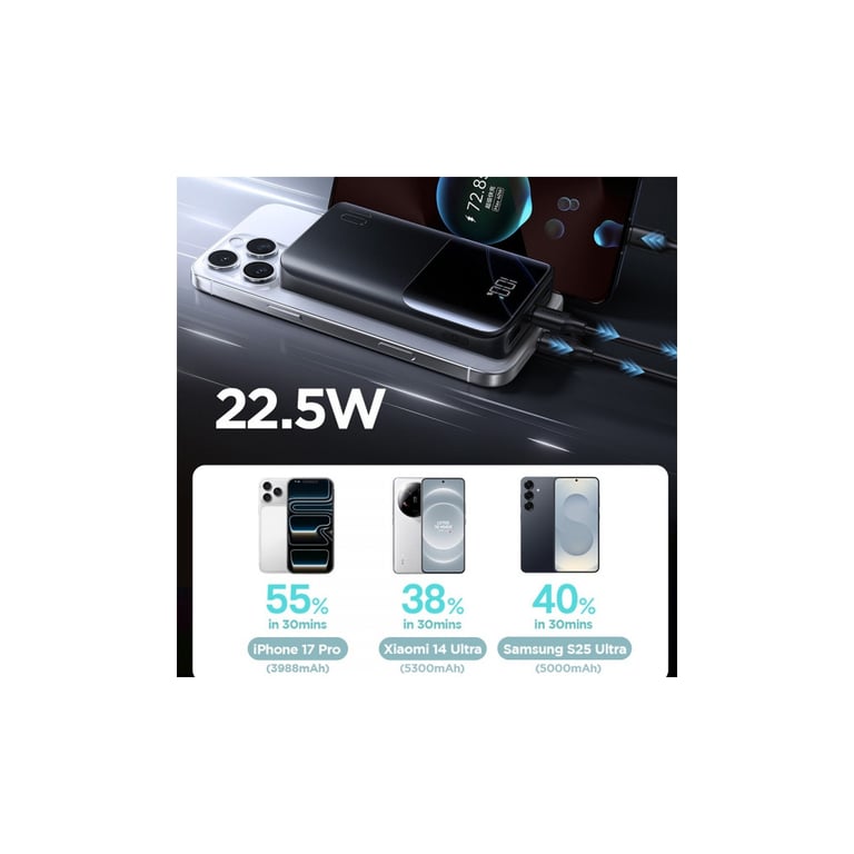 Батарея універсальна JOYROOM 10000mAh 22,5W PD, QC/3.0, 2*USB-A, USB-C In/Out, MicroUSB in, Black (JR-QP191) - фото 7