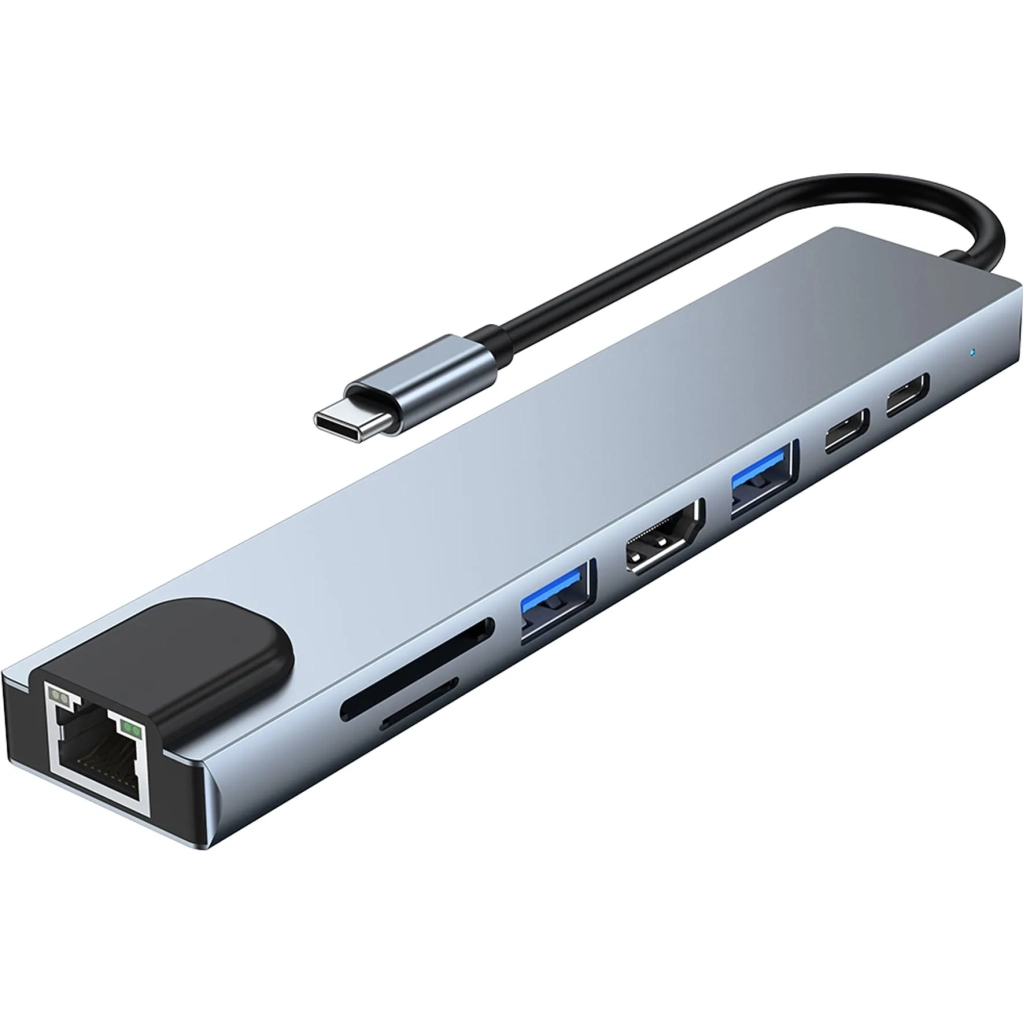 Концентратор Dynamode USB-C 8-in-1 HDMI 4K30Hz + 1xRJ45 + 1xUSB 3.0 + 1xUSB 2.0 + 1xUSB-C PD (BYL-2017L) - фото 1