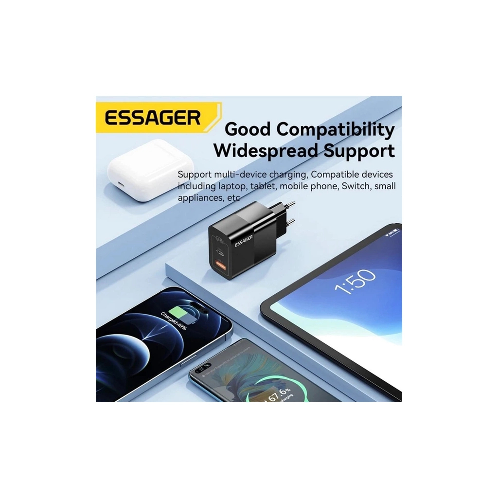 Зарядний пристрій 1xUSB-C + 1xUSB 33W Essager (ECTAC-PCB01-P) - фото 4 Зарядний пристрій 1xUSB-C + 1xUSB 33W Essager (ECTAC-PCB01-P) - фото 4