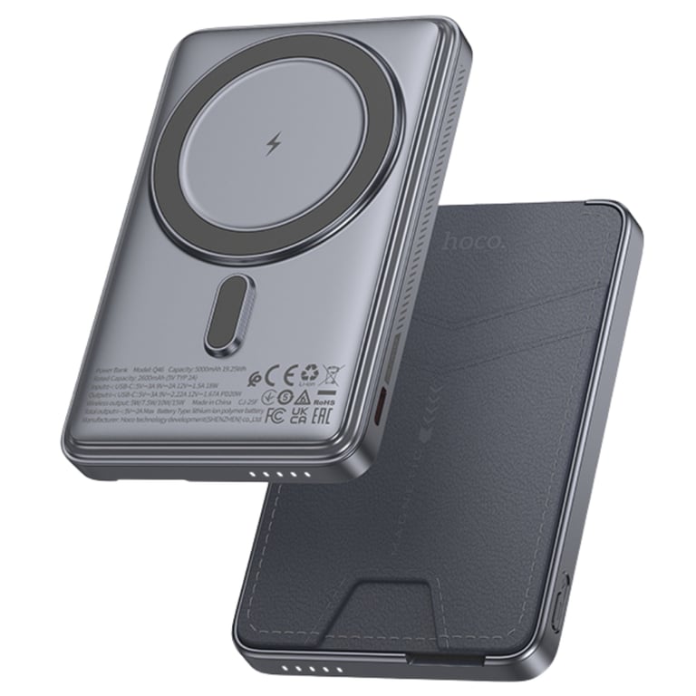 Батарея універсальна HOCO 5000mAh Title PD/20W Magnetic with stand + mini wallet Grey (Q46 / 714988) - фото 1