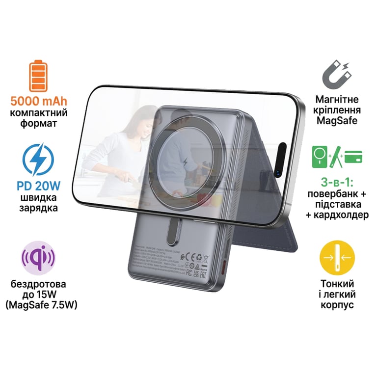 Батарея універсальна HOCO 5000mAh Title PD/20W Magnetic with stand + mini wallet Grey (Q46 / 714988) - фото 2