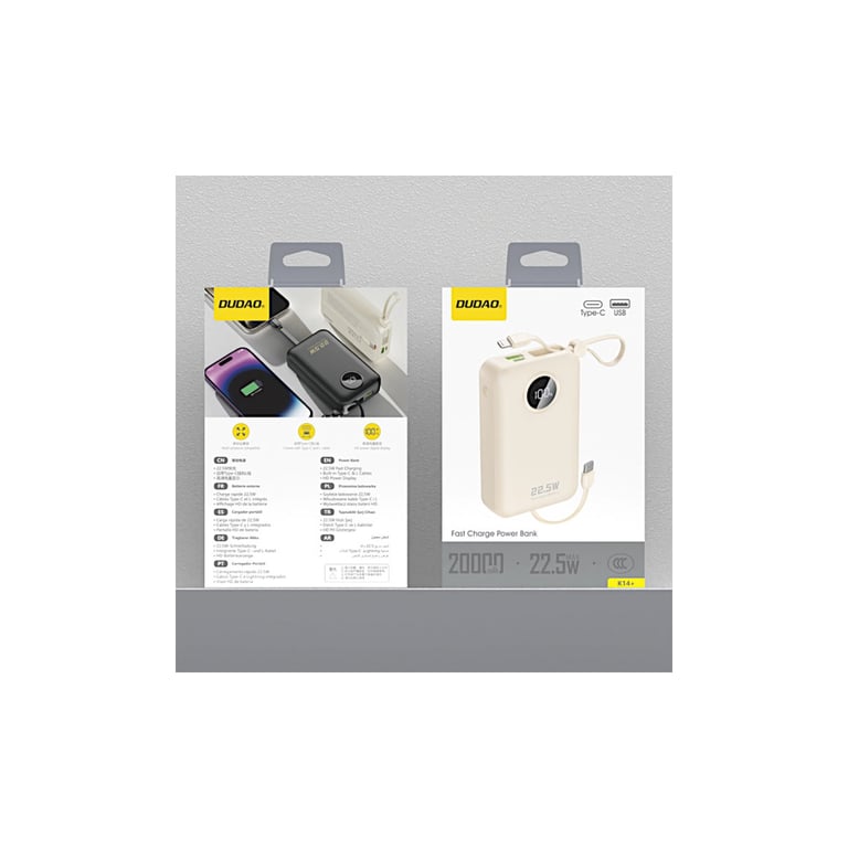 Батарея універсальна Dudao 20000mAh K14+ 22.5W, PD, QC, USB-A, USB-C(In/Out), with built-in USB-C/Lightning cables, White (6977196680023) - фото 2