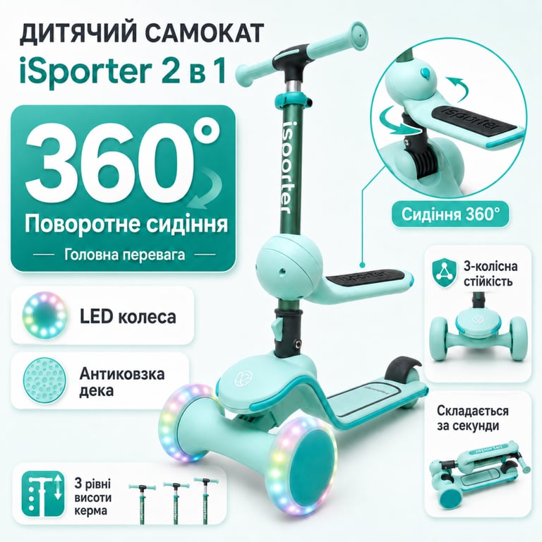 Самокат iSporter EVO 2в1 з сидінням зелений (M2_Green) - фото 2