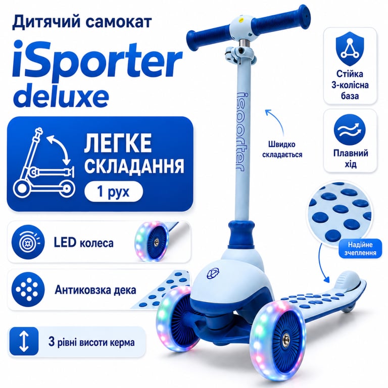 Самокат iSporter Deluxe LED синій (M5_Blue) - фото 2