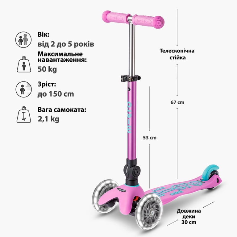 Самокат Micro Mini Deluxe Foldable LED" складний Лавандовий" (MMD398) - фото 6