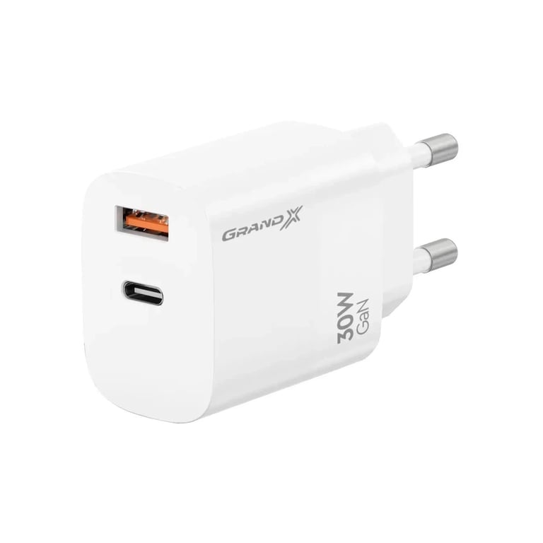 Зарядний пристрій Grand-X GaN 1xUSB-C + 1xUSB QC3.0 36W white (CH-360W) - фото 1