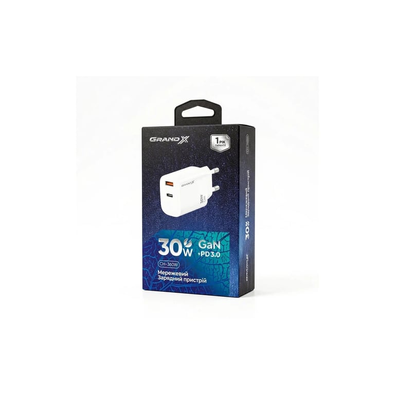 Зарядний пристрій Grand-X GaN 1xUSB-C + 1xUSB QC3.0 36W white (CH-360W) - фото 5