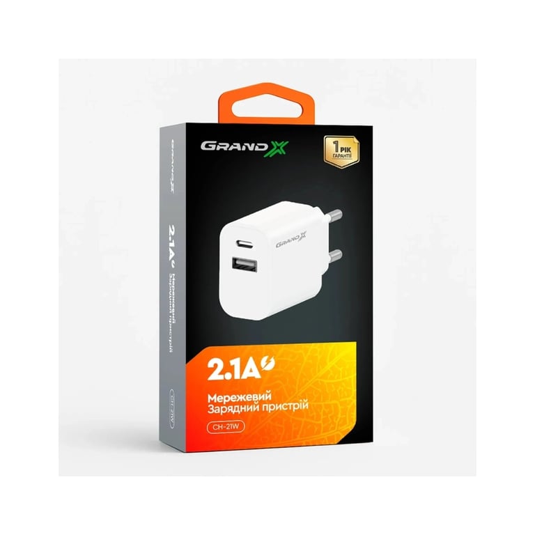Зарядний пристрій Grand-X 1xUSB-C + 1xUSB 21W OCP white (CH-21W) - фото 5