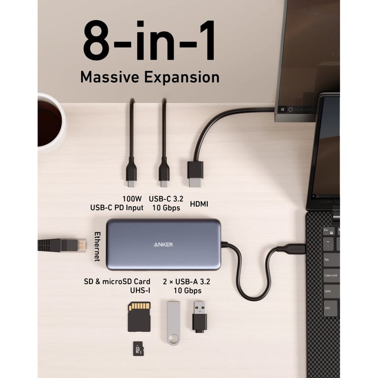Концентратор USB-C 8-in-1 1xUSB-C PD100W + 1xHDMI + 2xUSB-A + 1xUSB-C 10Gbps + 1xRJ45 + SD black Anker (A83830A2) - фото 4