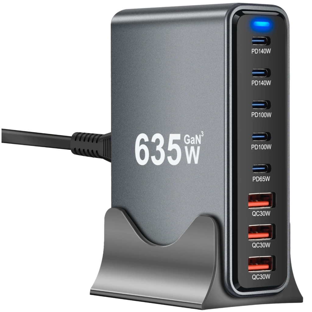 Зарядний пристрій XoKo 2xUSB-C PD3.1 140W + 2xUSB-C PD100W + 1xUSB-C PD65W + 3xUSB QC30W GaN (QC-600) - фото 1