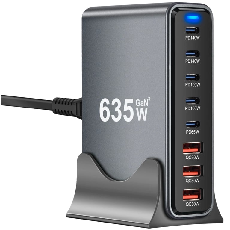 Зарядний пристрій XoKo 2xUSB-C PD3.1 140W + 2xUSB-C PD100W + 1xUSB-C PD65W + 3xUSB QC30W GaN (QC-600) - фото 1