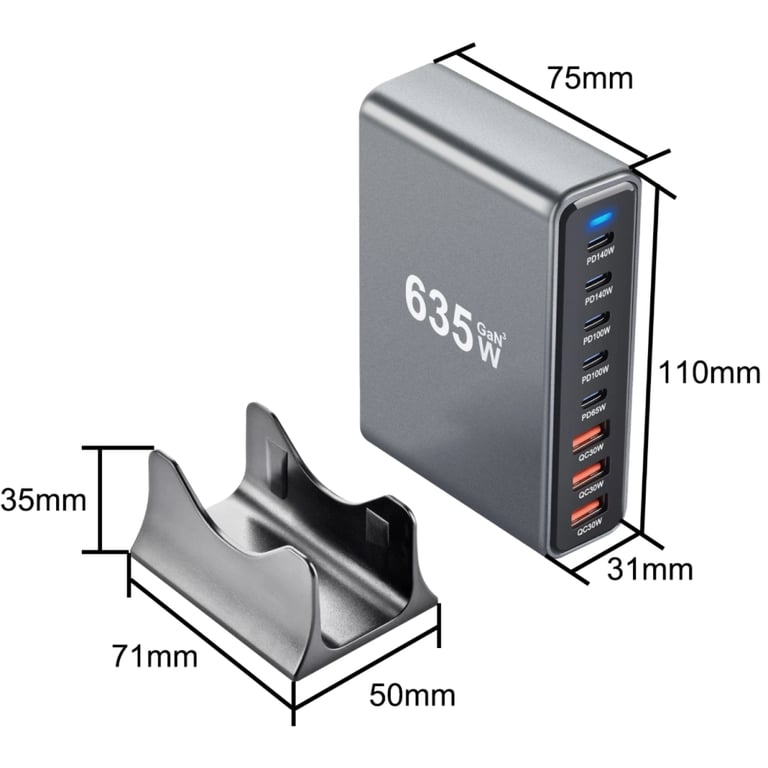 Зарядний пристрій XoKo 2xUSB-C PD3.1 140W + 2xUSB-C PD100W + 1xUSB-C PD65W + 3xUSB QC30W GaN (QC-600) - фото 4