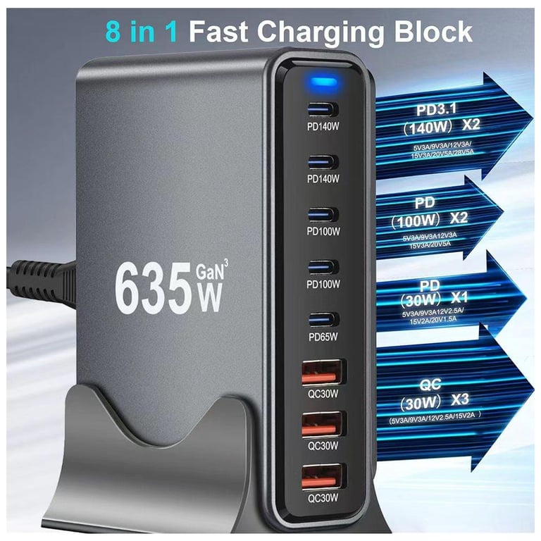 Зарядний пристрій XoKo 2xUSB-C PD3.1 140W + 2xUSB-C PD100W + 1xUSB-C PD65W + 3xUSB QC30W GaN (QC-600) - фото 5