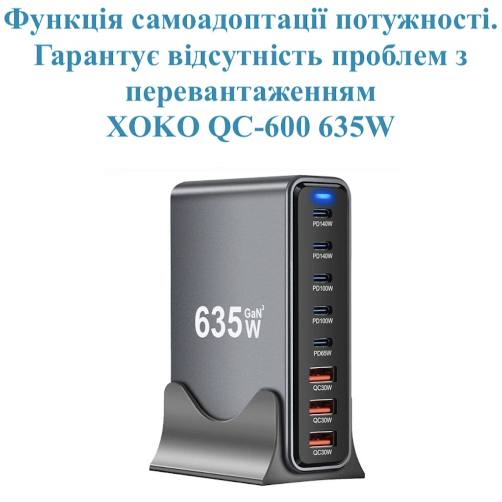 Зарядний пристрій XoKo 2xUSB-C PD3.1 140W + 2xUSB-C PD100W + 1xUSB-C PD65W + 3xUSB QC30W GaN (QC-600) - фото 6 Зарядний пристрій XoKo 2xUSB-C PD3.1 140W + 2xUSB-C PD100W + 1xUSB-C PD65W + 3xUSB QC30W GaN (QC-600) - фото 6