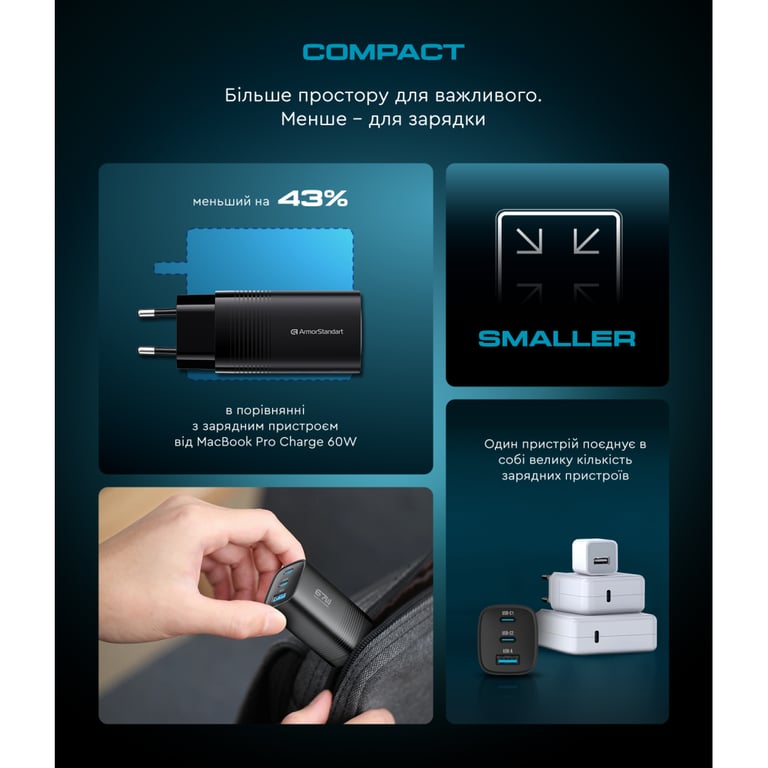 Зарядний пристрій Armorstandart 2xUSB-C + 1xUSB 67W GaN black (ARM88384) - фото 10