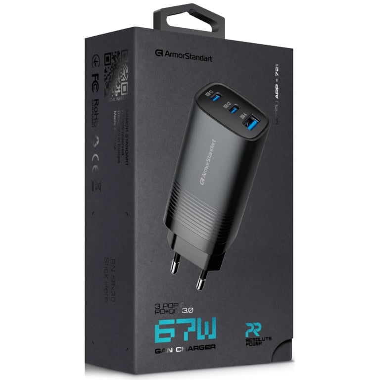 Зарядний пристрій Armorstandart 2xUSB-C + 1xUSB 67W GaN black (ARM88384) - фото 2