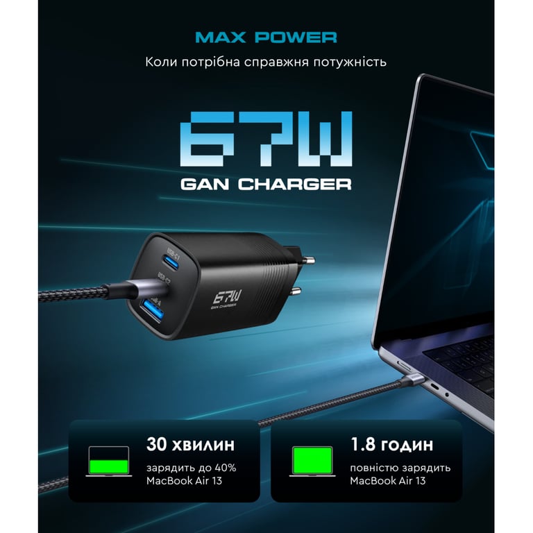 Зарядний пристрій Armorstandart 2xUSB-C + 1xUSB 67W GaN black (ARM88384) - фото 3