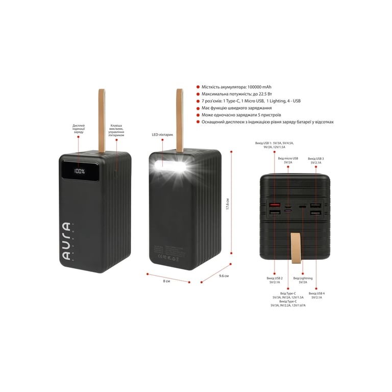 Батарея універсальна AURA NRG-P100 100000mAh 22.5W Black (PBANRG-P100B) - фото 2
