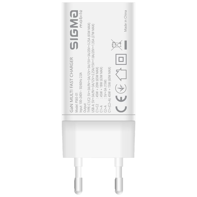 Зарядний пристрій Sigma 2xUSB-C PD65W + 1xUSB QC3.0 GaN X-power PS65-01 white (4827798637715) - фото 3