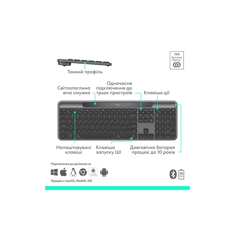 Клавіатура Logitech Slim Solar+ Bluetooth Graphite (920-013764) - фото 7