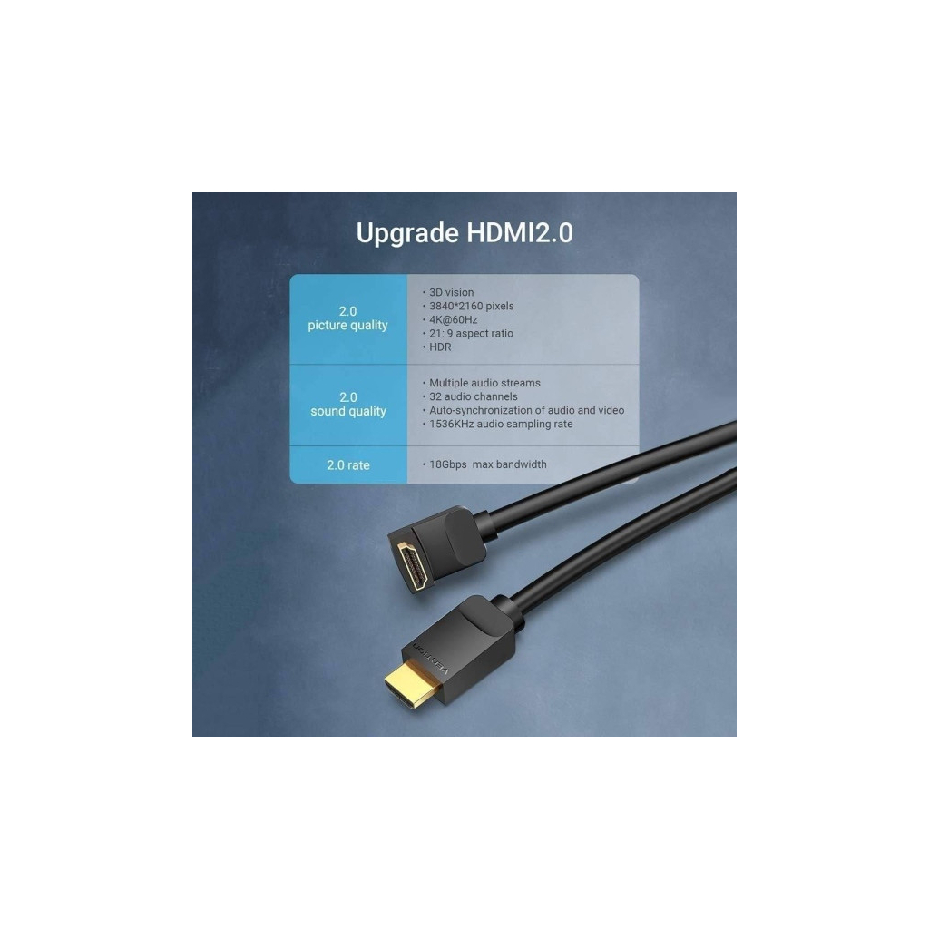 Кабель мультимедійний HDMI M to HDMI M 1.5m V2.0 4K60Hz 90° corner PVC black Vention (AARBG) - фото 5 Кабель мультимедійний HDMI M to HDMI M 1.5m V2.0 4K60Hz 90° corner PVC black Vention (AARBG) - фото 5