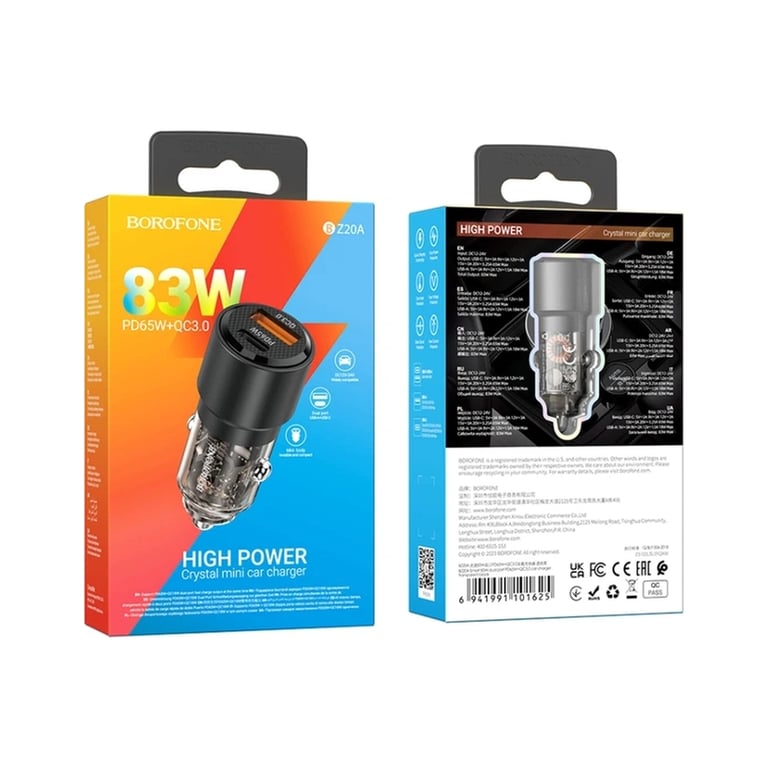 Зарядний пристрій BOROFONE 1xUSB-C PD65W + 1xUSB QC3.0 83W car adapter transparent black (6941991101625) - фото 4