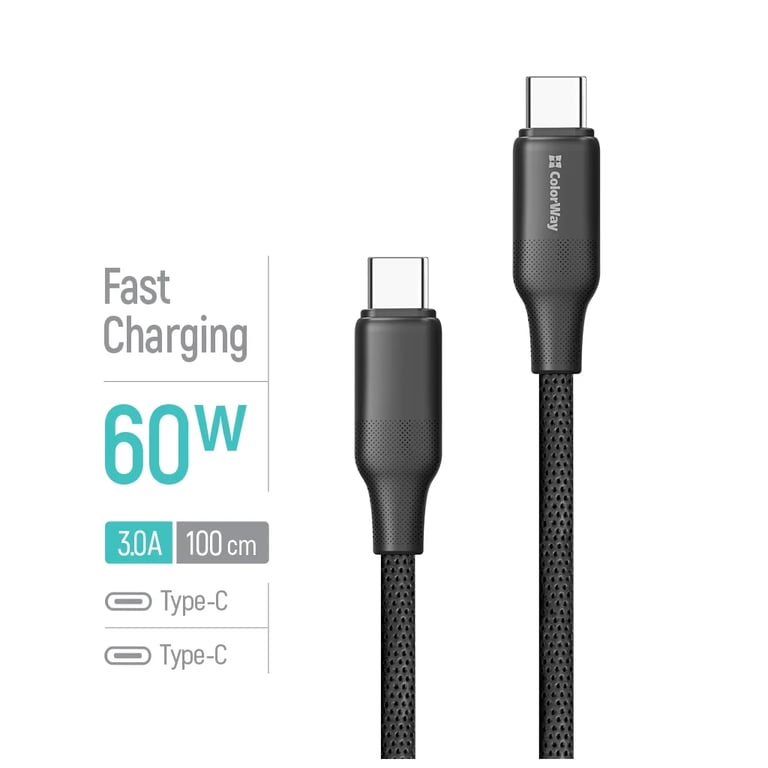 Дата кабель USB-C to USB-C 1.0m 3A 60W TPE embossed black ColorWay (CW-CBPDCC101-BK) - фото 4