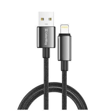 Дата кабель USB 2.0 AM to Lightning 1.0m 3A zinc alloy braided black ColorWay (CW-CBUL098-BK) - фото 1