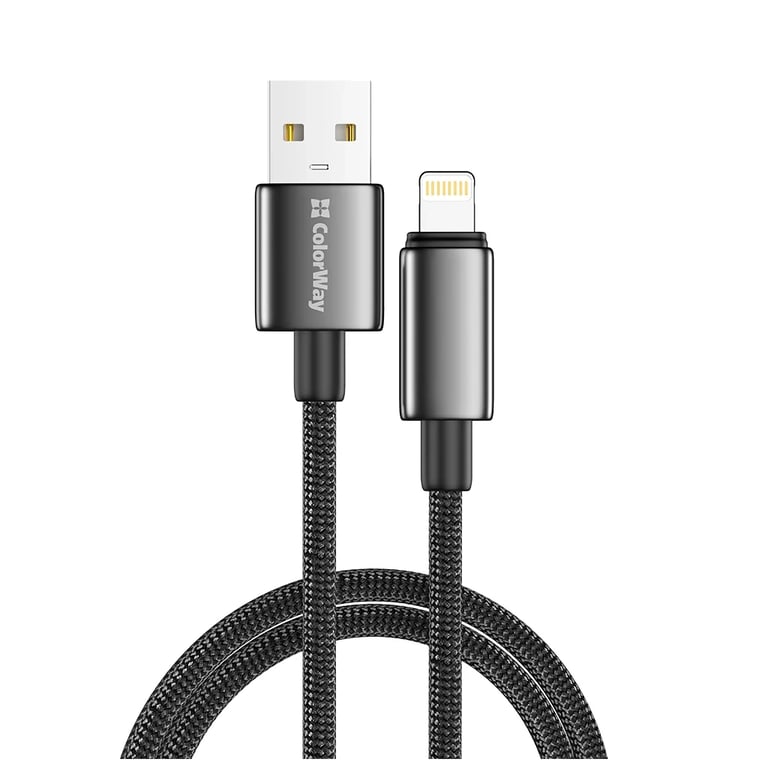 Дата кабель USB 2.0 AM to Lightning 1.0m 3A zinc alloy braided black ColorWay (CW-CBUL098-BK) - фото 1
