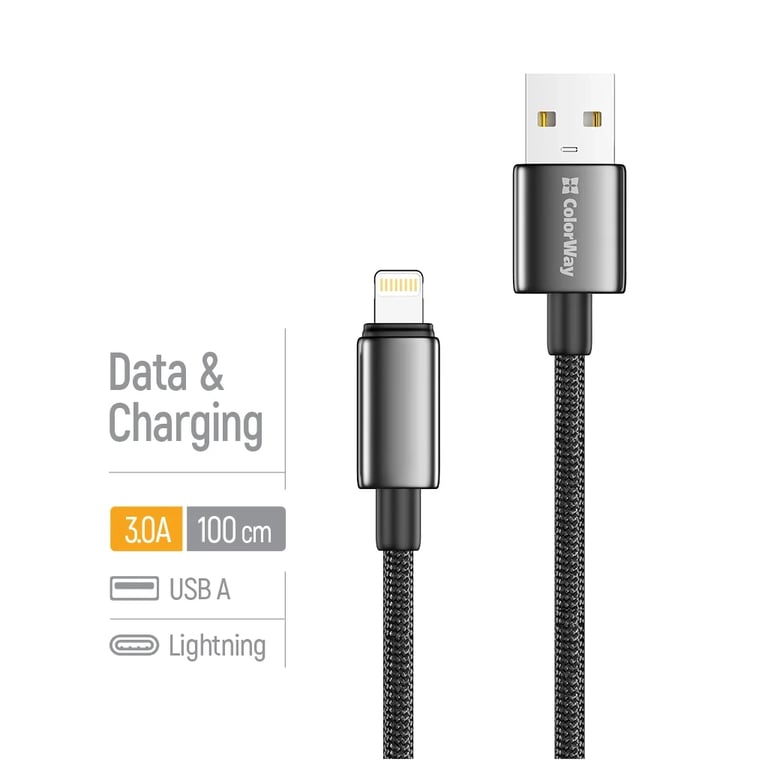 Дата кабель USB 2.0 AM to Lightning 1.0m 3A zinc alloy braided black ColorWay (CW-CBUL098-BK) - фото 4
