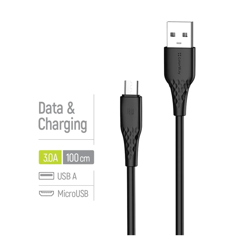 Дата кабель USB 2.0 AM to Micro 5P 1.0m 3A textured PVC black ColorWay (CW-CBUM094-BK) - фото 4