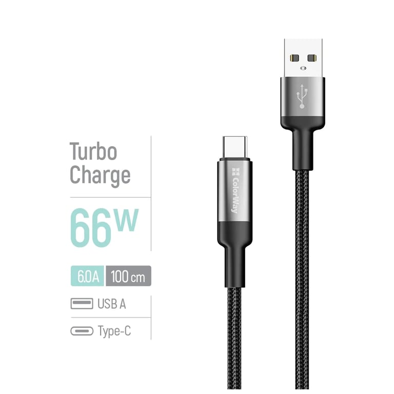 Дата кабель USB 2.0 AM to USB-C 1.0m 6A braided wire black ColorWay (CW-CBUC096-BK) - фото 4